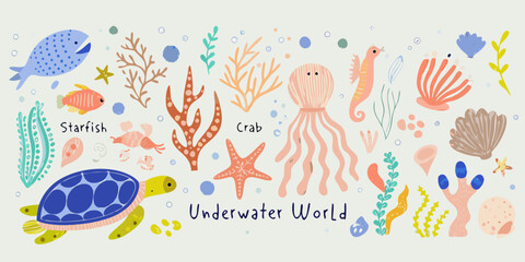 Cute hand drawn underwater world with sea creatures and ocean plants © Ripan