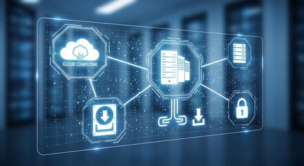 Futuristic digital network and cloud computing interface with data storage, server, and cybersecurity icons