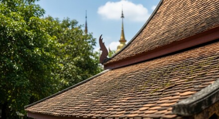 Close-up of an aged tiled roof with a decorative finial green trees and blurred golden spires of distant structures under a blue sky