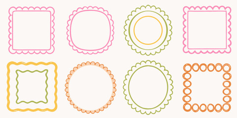 Collection of eight decorative hand drawn frames with scalloped edges in pastel colors