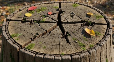 Close-up of a weathered tree stump deeply cracked with green moss and scattered red and yellow autumn leaves on its textured surface