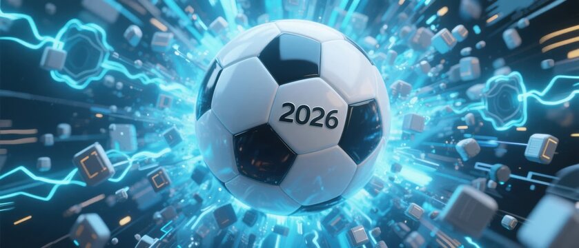 Energetic Soccer Ball 2026 Design for Futuristic Sports Website Banner or Marketing Campaign