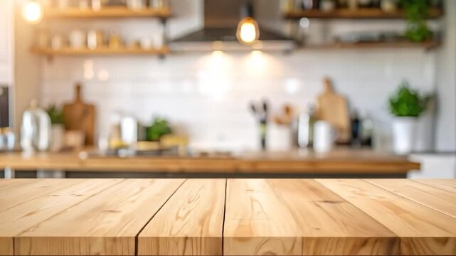 Light wood countertop with blurred kitchen