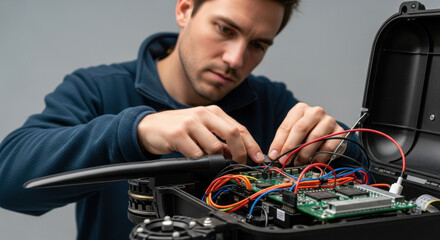 Focused technician assembling and connecting circuit board components in modern black drone case, adjusting wires with careful precision for advanced aerial technology maintenance