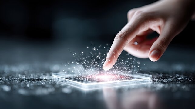 Finger Touching Futuristic Screen with Glowing Particles on Dark Background