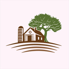 Vector art of farmhouse and silo with a large tree on rolling hills