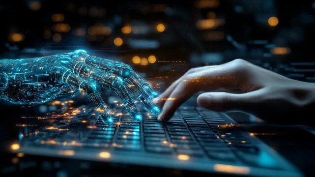 Human hand typing on keyboard alongside robotic hand glowing with circuits, symbolizing artificial intelligence collaboration, machine learning, human computer interaction, future digital technology.
