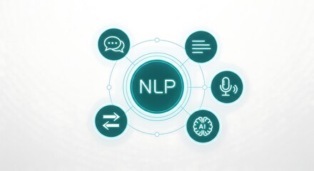 Digital graphic illustrating Natural Language Processing (NLP) with icons for chat, text, voice, AI, and translation.