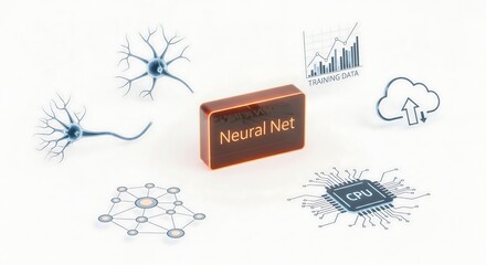 Conceptual illustration of a neural network with icons for neurons, CPU, training data, and cloud computing.