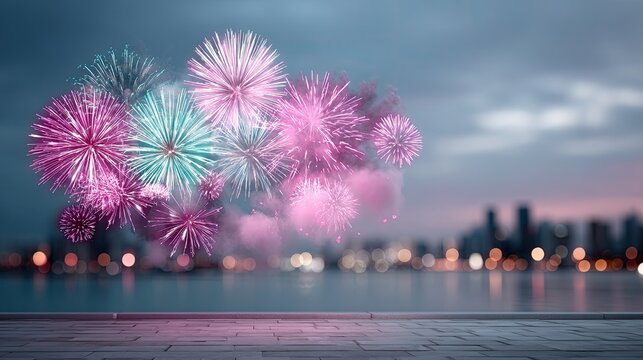 Festive Fireworks Display Over City Skyline Against a Cloudy Dusk Sky with Pink and Teal Bursts
