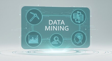 Futuristic digital interface illustrating the concept of data mining with icons for analysis, databases, and intelligence.