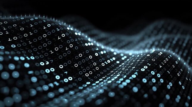 A mesmerizing wave of binary code illustrating the beauty of digital data in a dark setting.