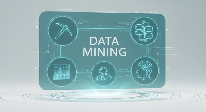 Futuristic digital interface illustrating the concept of data mining with icons for analysis, databases, and intelligence. - Powered by Adobe