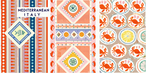 Vibrant mediterranean italy patterns featuring fish crabs lemons and geometric designs © Apurba