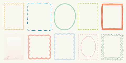 Collection of hand drawn decorative borders and frames in various shapes and colors