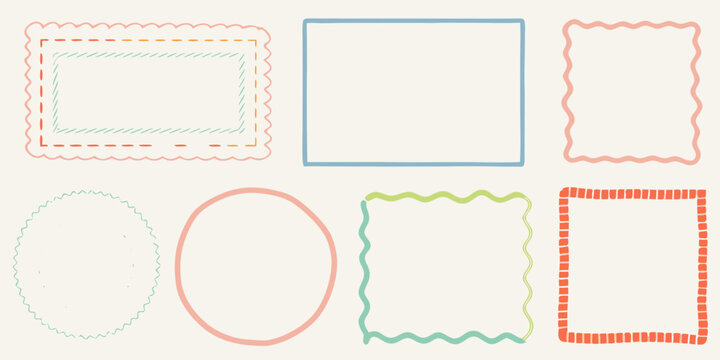 Collection of hand drawn decorative frames and borders in various shapes and pastel colors
