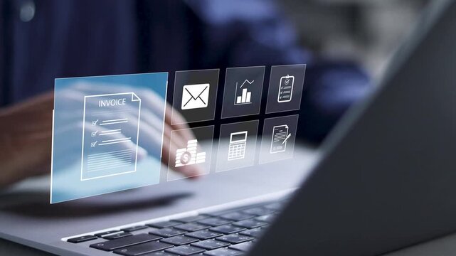 E-invoice and online digital statements concept. digital electronic bill and E-Invoice account. Businessman using laptop to manage invoice documents on virtual screen.