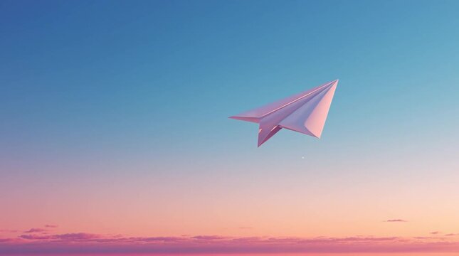 A paper airplane soaring through a vibrant sunset sky, symbolizing freedom and adventure in the journey of life.
