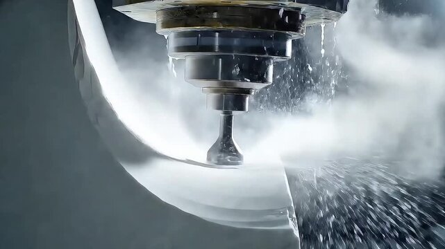 Precision CNC milling machine in action, its cutting tool shaping a workpiece amidst a powerful spray of coolant.