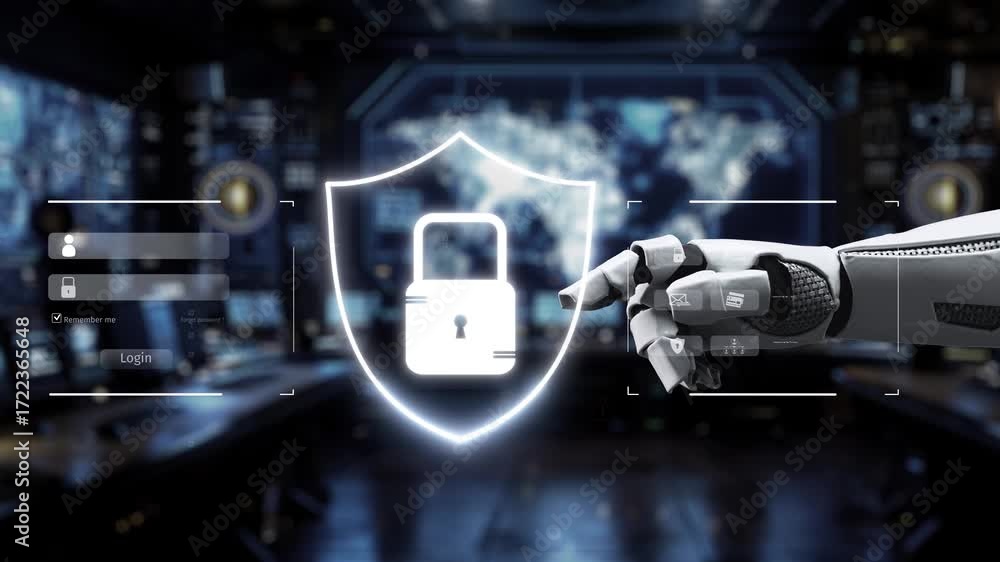 Poster a futuristic scene illustrating a robot hand interacting with a digital lock in a high-tech environm