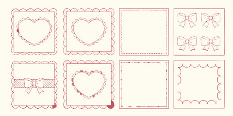 Collection of hand drawn decorative frames and borders in pink with hearts and bows for design