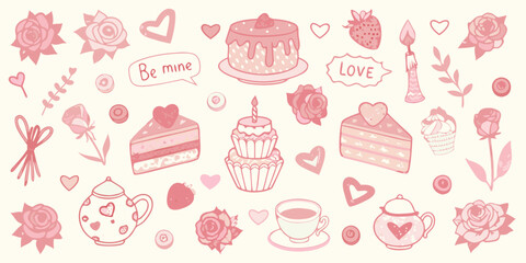 Sweet valentine s day and love themed pink illustrations of cakes roses hearts and tea set