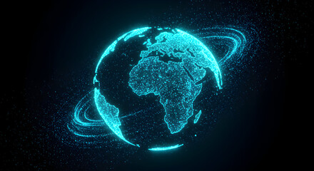 Glowing Representation of Earth Surrounded by a Swirling Galaxy of Bright Particles in Space