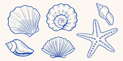 Collection of hand drawn blue line art seashells and starfish on a cream background