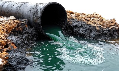 Obraz premium Dark green liquid flows from a pipe into a body of water, polluting the surrounding area