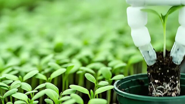 A robotic arm carefully transplants a young seedling with its root ball into a pot, surrounded by a lush nursery of similar plants.