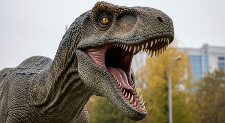 Detailed dinosaur replica with an open mouth and sharp teeth set against a blurred background of trees and a building