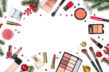 Festive holiday makeup collection arranged in a circle
