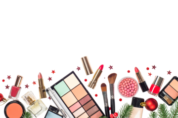 Festive holiday makeup collection on black background