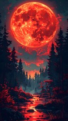 An excellent illustration for a Halloween card.  A red full moon provides an ominous radiance over the mysterious forest.