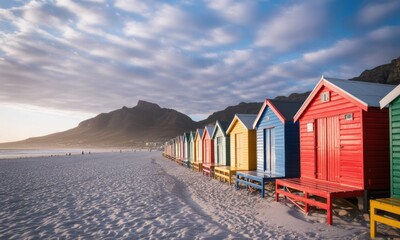Naklejka premium Colorful beach huts line a pristine white sand beach, mountain backdrop. Sunset light bathes the scene