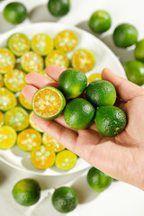 Fresh Small Hainan Kumquats in Hands with Sliced Citrus Fruits on White Plate