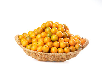 Fresh Kumquats and Longan Fruits from Guangxi China in Wicker Basket on White Background