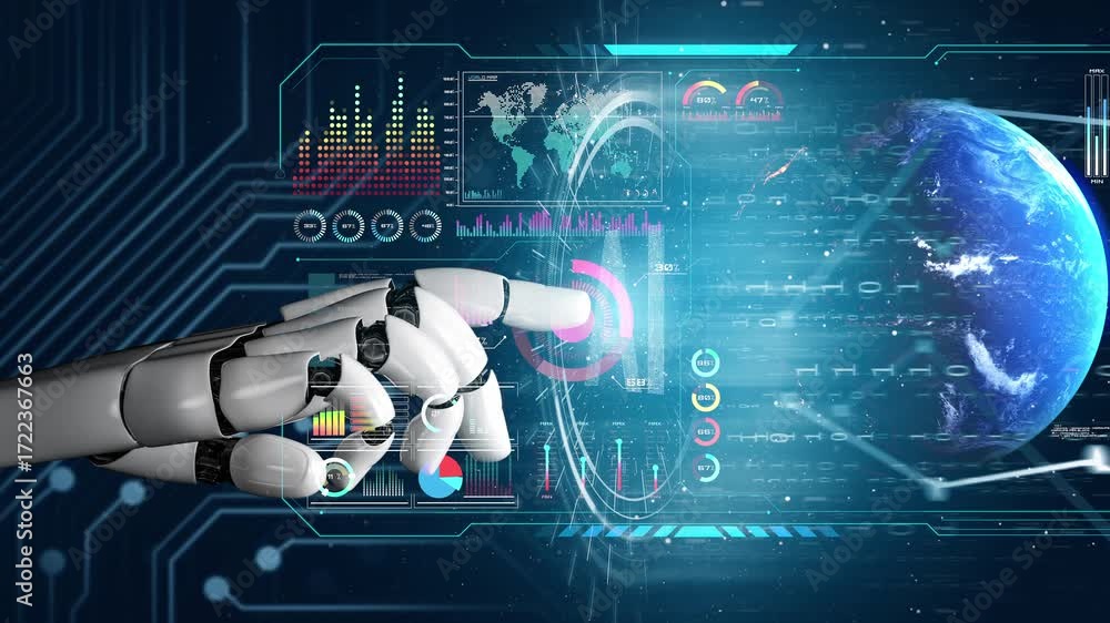 Poster ai-powered global network interface enabling real-time data interaction, virtual assistant support, 
