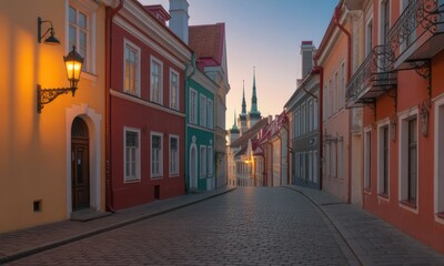 Naklejka premium Colorful European alleyway at dawn. Old buildings line a cobblestone street, warm light and pastel hues