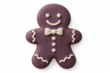 Purple gingerbread man cookie with white frosting smiling, wearing bowtie on transparent background