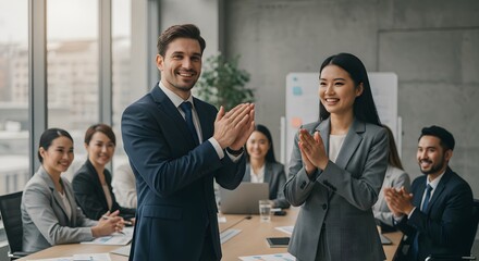 Happy business professionals celebrating teamwork and achievement with applause