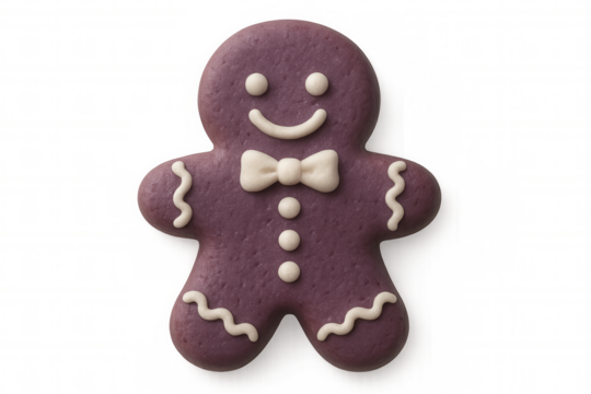 Purple gingerbread man cookie with white frosting smiling, wearing bowtie on transparent background