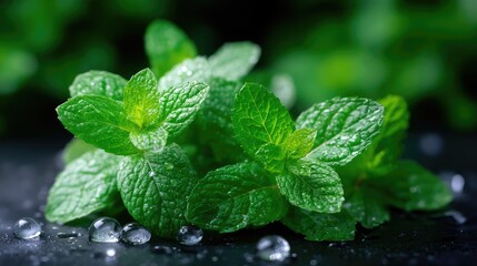 Fresh Green Mint Leaves with Water Droplets on Dark Background for Culinary and Wellness Concepts