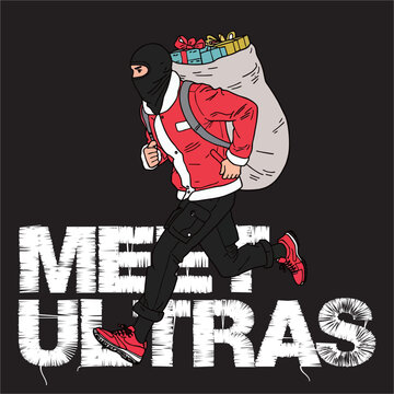 a Vector illustration of ultras hooligans with thief mask wear like santa for christmas 