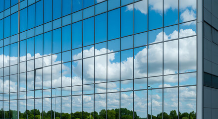 Modern Skyscraper Facade Reflecting Clouds and Green Trees Under Bright Blue Sky