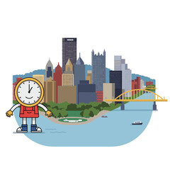 Cartoon clock walking in front of Pittsburgh skyline