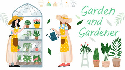 Two women tending to plants in a greenhouse and garden with watering cans and potted plants