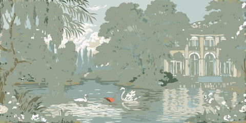 Idyllic pastoral landscape with swans swimming in a tranquil river near an elegant classical building and waterfall