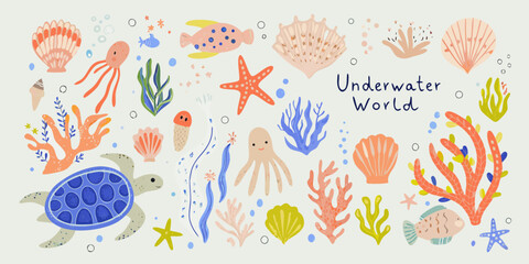 Charming underwater world illustration with cute sea creatures and coral reefs