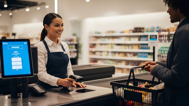 A smiling cashier scans groceries at a bright supermarket counter, customer waiting with basket, symbolizing modern retail service, customer interaction, and digital payment system.